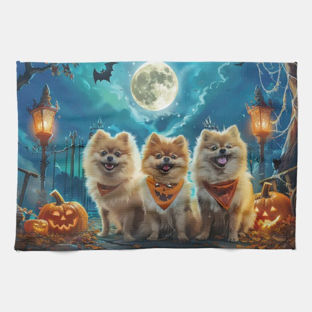 Linge De Cuisine Pomeranian Halloween Épouvantable (Horizontal)