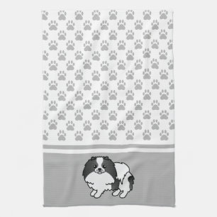 Linge De Cuisine Pomeranian noir et blanc avec motif de pattes gris