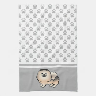 Linge De Cuisine Pomeranian Sablé Crème avec Motif de Pattes Grises