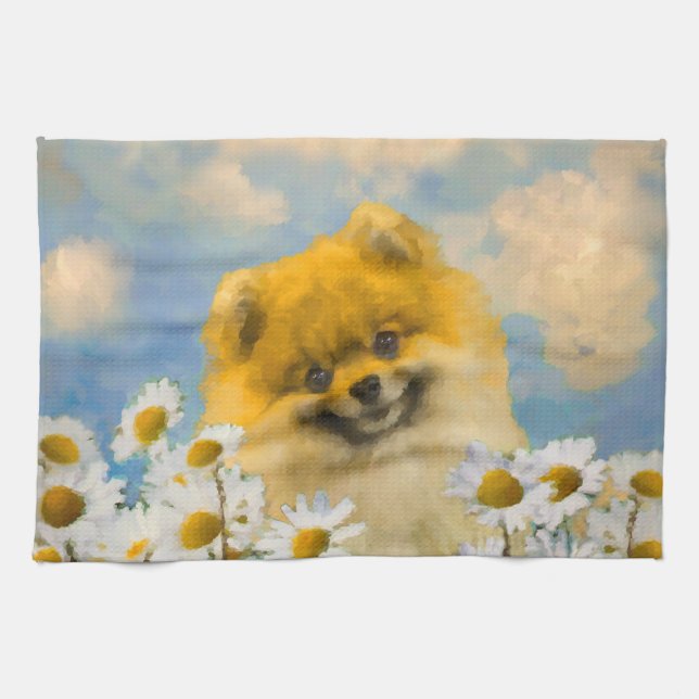 Linge De Cuisine Poméranien dans Daisies Peinture - Art Chien origi (Horizontal)