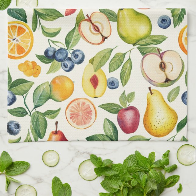 Linge De Cuisine Pommes Poires Myrtilles Oranges Citron Lime Fruits (Plié)