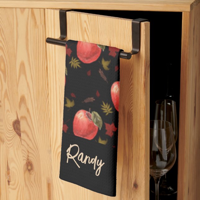 Linge De Cuisine Pommes rouges et feuilles sur noir (Pliage en tiers)