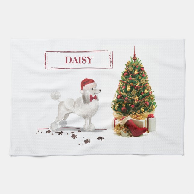 Linge De Cuisine Poodle blanc Funny Chien de Noël avec arbre (Horizontal)