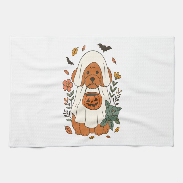 Linge De Cuisine Poodle d'Halloween avec fleurs d'automne (Horizontal)