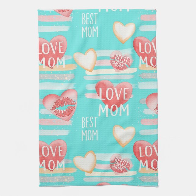 Linge De Cuisine Pop Art MOM Love Pattern in Turquoise (2) (Vertical)