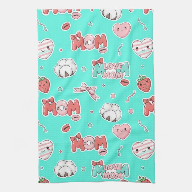 Linge De Cuisine Pop Art MOM Love Pattern in Turquoise (3) (Vertical)