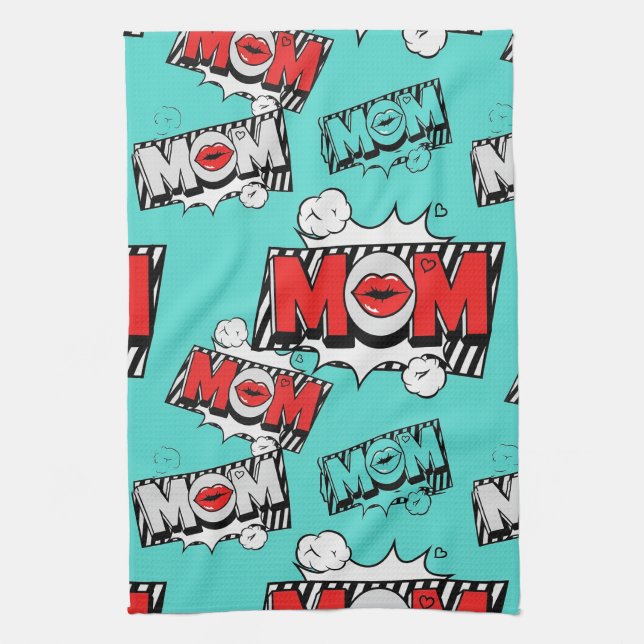 Linge De Cuisine Pop Art MOM Love Pattern in Turquoise (4) (Vertical)