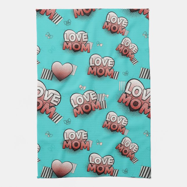 Linge De Cuisine Pop Art MOM Love Pattern in Turquoise (8) (Vertical)