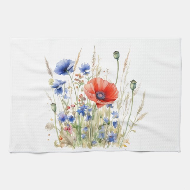 Linge De Cuisine Poppies et fleurs de cornouilles : aquarelle rusti (Horizontal)
