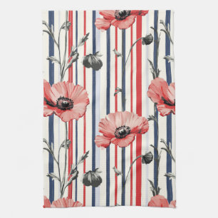 Linge De Cuisine Poppies rouges avec Feuilles bleus et Motif rayé