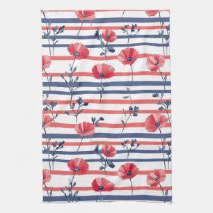 Linge De Cuisine Poppies rouges avec Feuilles bleus et Motif rayé 2