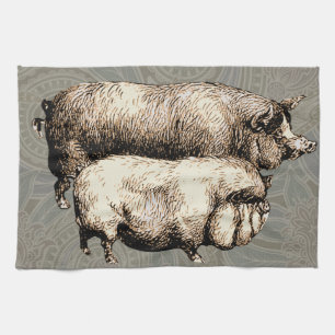 Linge De Cuisine Porc de Ferme Vintage Antiquités de Bétail de Camp