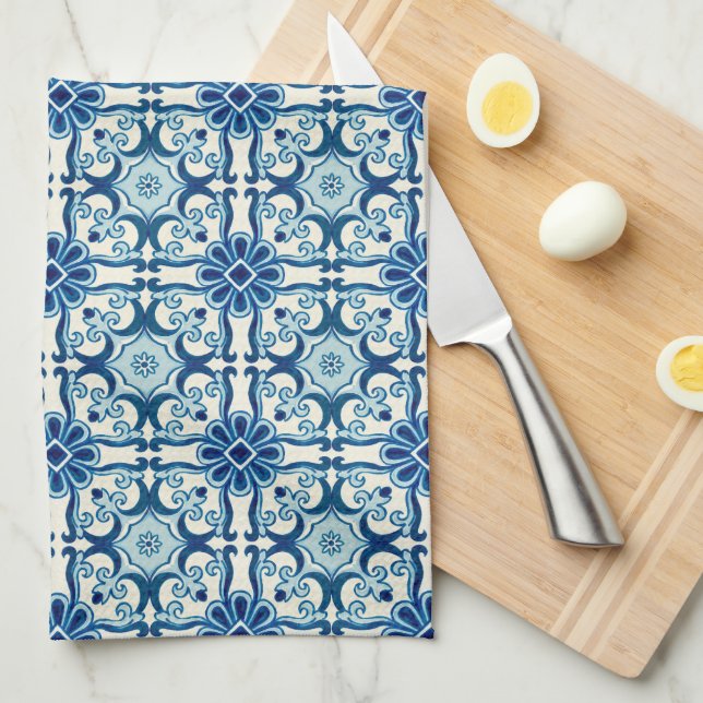 Linge De Cuisine Portugais Azulejos Blue Floral Motif (Quart Plié)