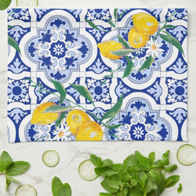 Linge De Cuisine Portuguese tiles,lemons,fruits,summer art  (Plié)