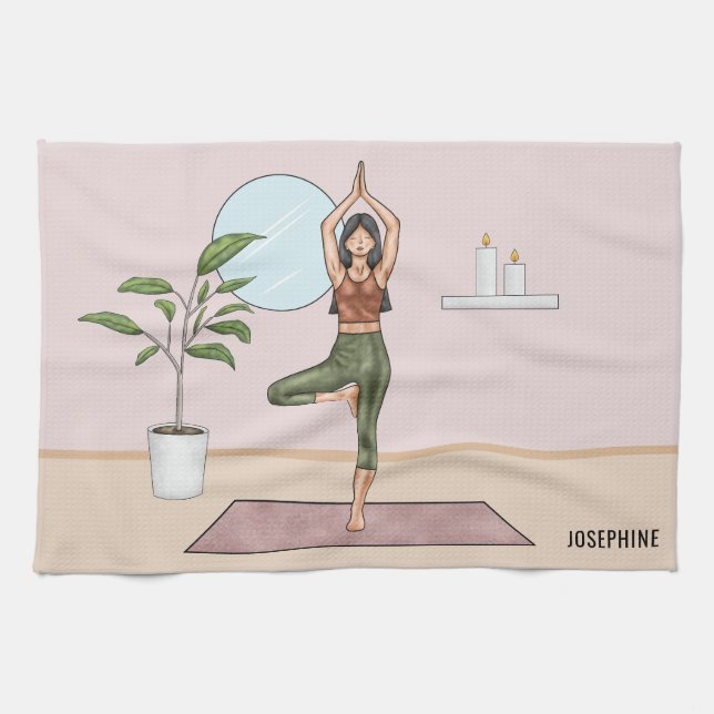 Linge De Cuisine Pose Arbre Yoga Vrikshasana Femme Nom Personnalisé (Horizontal)