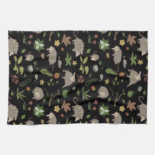 Linge De Cuisine Possums dans un champ de baies en noir (Horizontal)