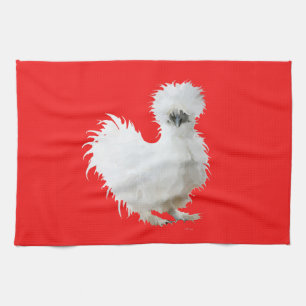 Linge De Cuisine Poule Soie sur fond rouge