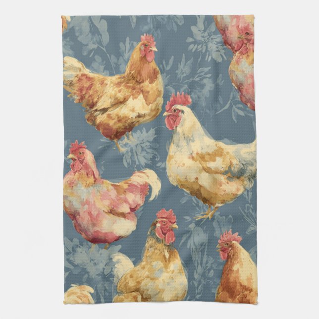Linge De Cuisine Poules de basse-cour et motifs botaniques (Vertical)