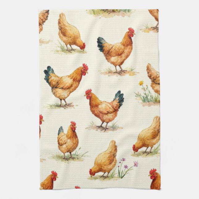 Linge De Cuisine Poules de la basse-cour et motif botanique (Vertical)