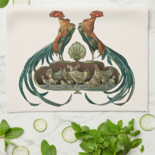 Linge De Cuisine Poules et Coqs Art Nouveau Vintage