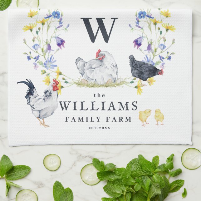 Linge De Cuisine Poulet de Ferme Rustique | Nom de Famille Monogram (Plié)