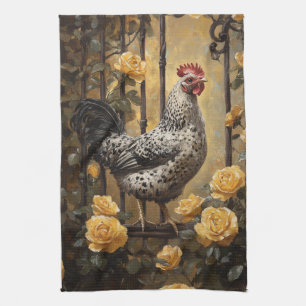 Linge De Cuisine Poulet tacheté aux roses jaunes, peinture à l'huil