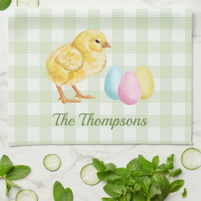 Linge De Cuisine Poussin et œufs à l'aquarelle sur fond vert avec n (Plié)