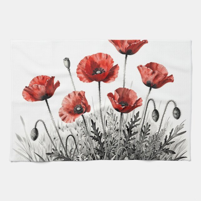 Linge De Cuisine Prairie de fleurs de pavot rouge vibrant (Horizontal)