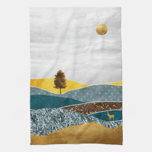 Linge De Cuisine Prairie dorée avec arbre et cerf