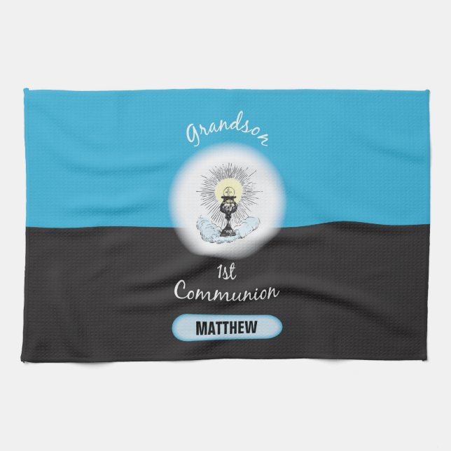 Linge De Cuisine Première communion de petit-fils, tasse bleue (Horizontal)