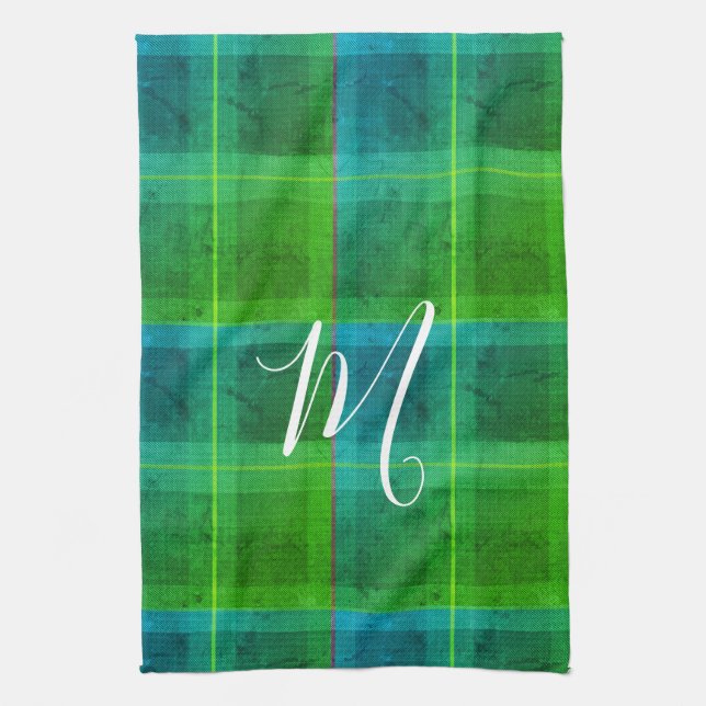 Linge De Cuisine Préparation chic initiale vert et bleu tartan carr (Vertical)