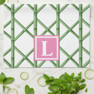 Linge De Cuisine Preppy Green Trellis Bamboo Motif Monogramme