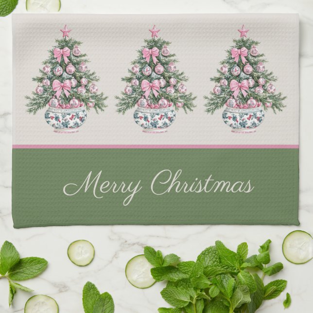Linge De Cuisine Preppy Pink and Green Chinoiserie Christmas Tree (Plié)