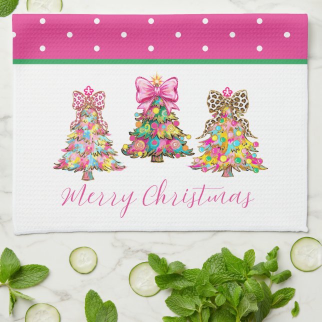 Linge De Cuisine Preppy Pink and Green Christmas Trees (Plié)