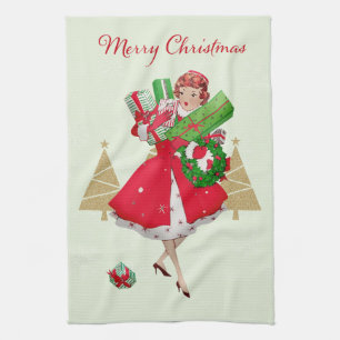 Linge De Cuisine Présents de Noël vintage Lady Rouge Vert Or