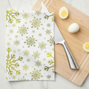 Linge De Cuisine Pretty Gold Noël Snowflakes sur Winter White