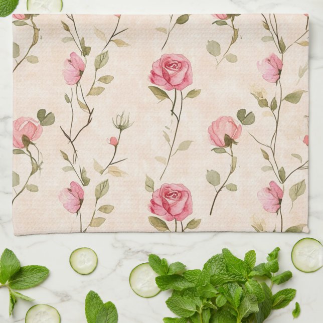 Linge De Cuisine Pretty Pink Cream Roses Floral (Plié)