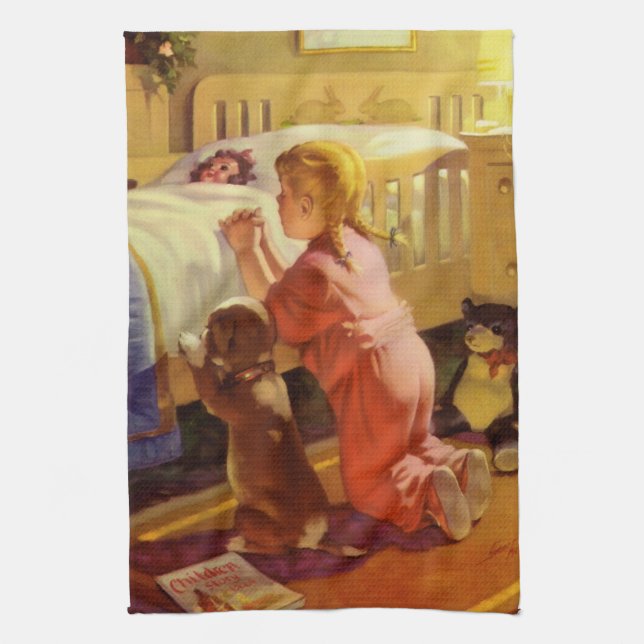 Linge De Cuisine Prières du coucher, fille avec chiot, religion vin (Vertical)