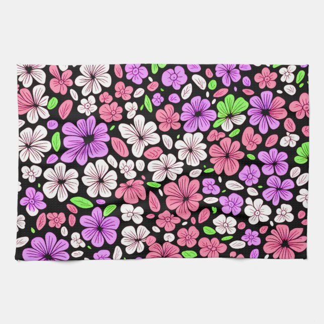 Linge De Cuisine Purple and Pink Flowers and Petals Pattern Black (Horizontal)