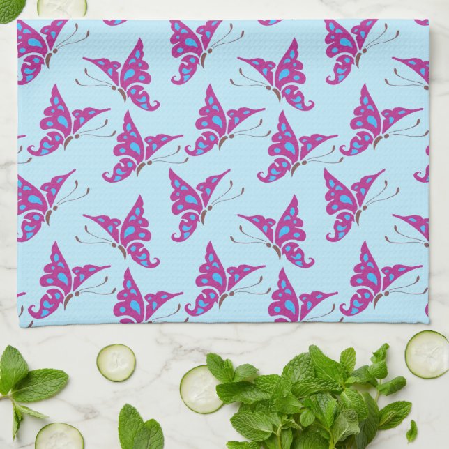 Linge De Cuisine Purple Butterflies on Light Blue, Butterfly Print (Plié)