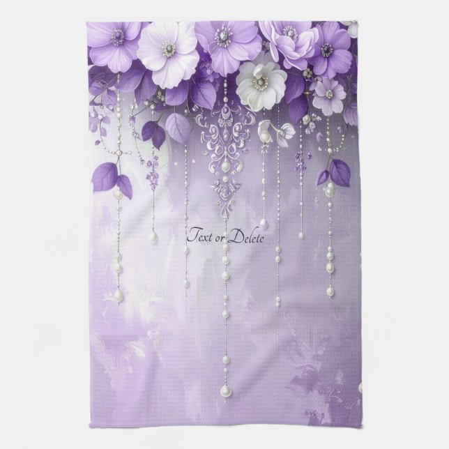 Linge De Cuisine Purple Flowers with Dangling Pearls Kitchen Towel (Vertical)