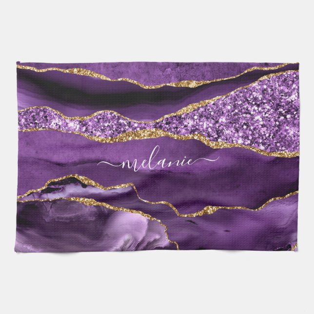 Linge De Cuisine Purple Gold Parties scintillant Nom personnalisé S (Horizontal)