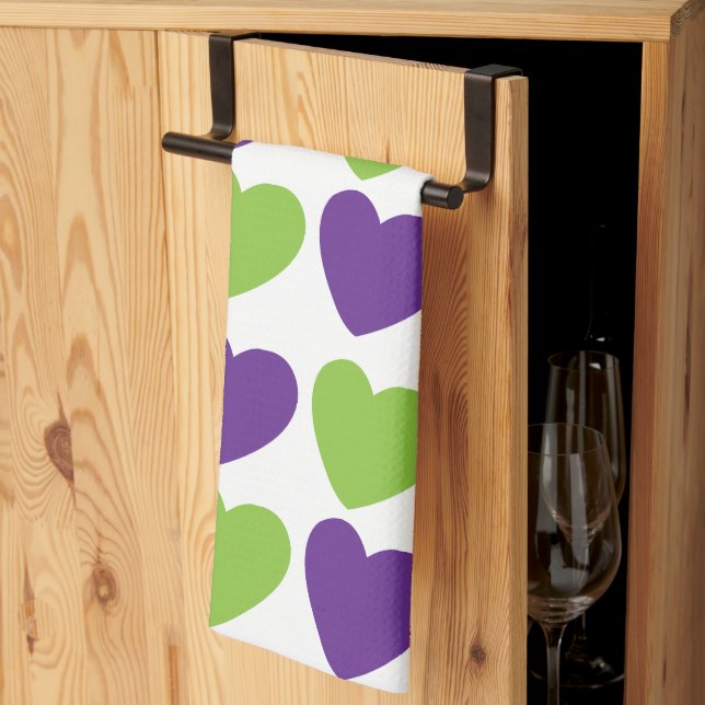 Linge De Cuisine Purple Green Love Hearts  (Pliage en tiers)