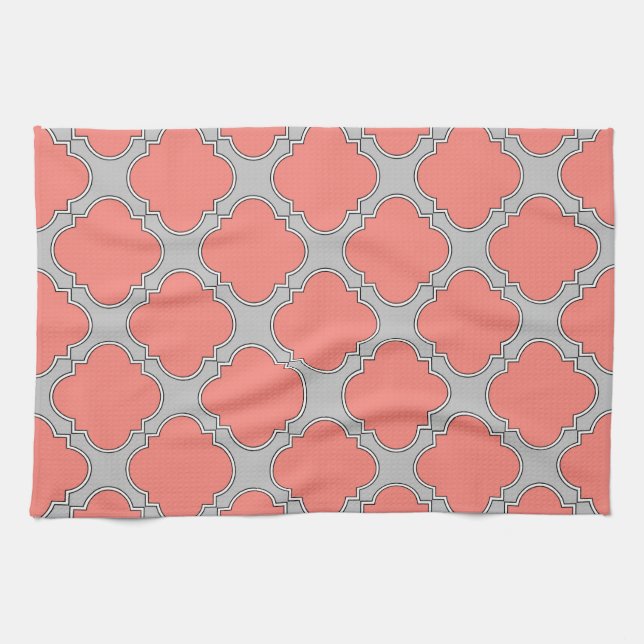 Linge De Cuisine Quatrefoil corail et gris (Horizontal)