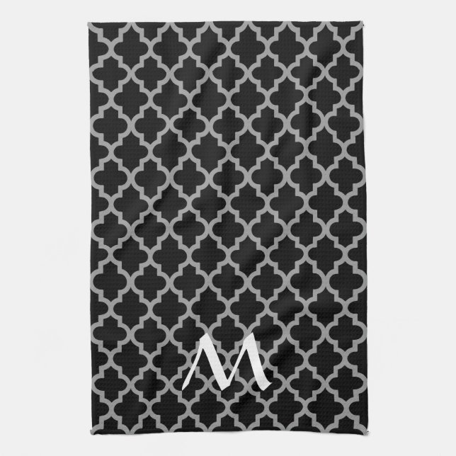 Linge De Cuisine Quatrefoil d'humeurs marocaines noir avec initial (Vertical)