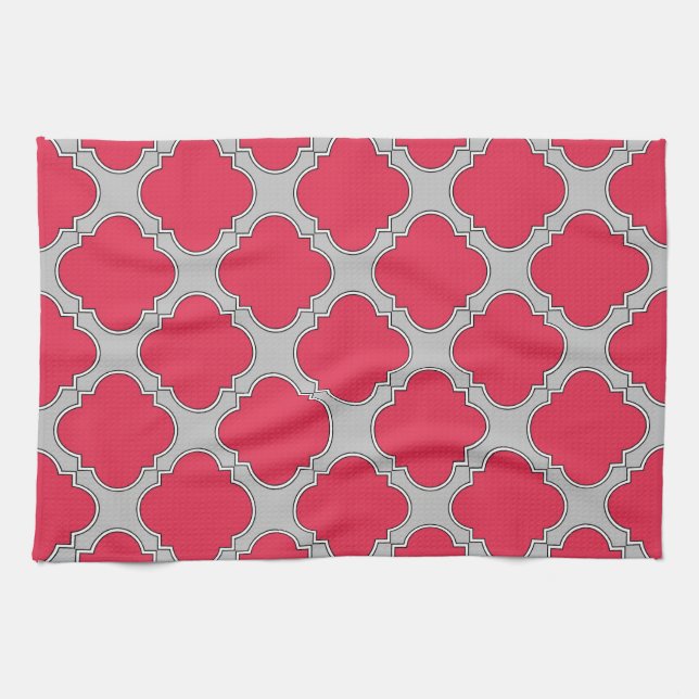 Linge De Cuisine Quatrefoil rouge et gris (Horizontal)