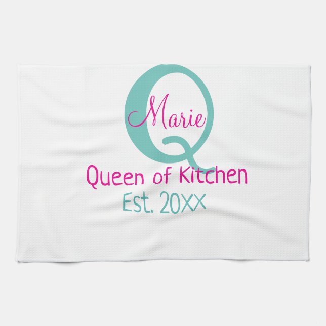 Linge De Cuisine Queen of cuisine monogramme vert rose simple minim (Horizontal)