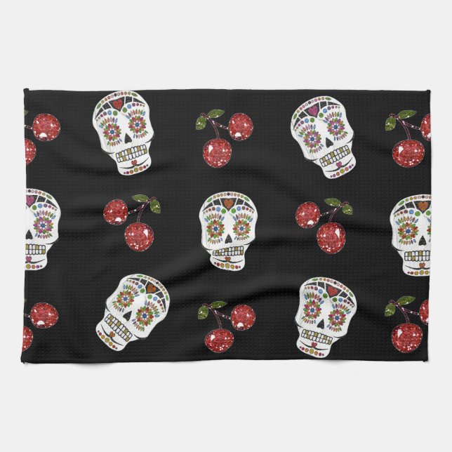 Linge De Cuisine RAB Rockabilly Sugar Skulls Cherries On Black (Horizontal)