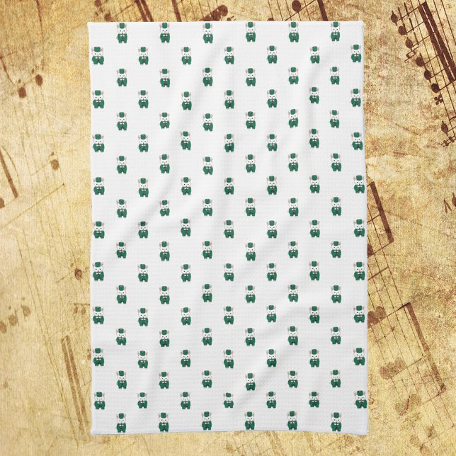 Linge De Cuisine Rabbit Clarinet Marching Band Vert Or (A kitchen towel with a pattern of rabbits playing the clarinet in green & gold)