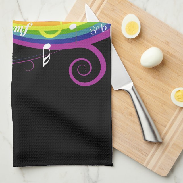 Linge De Cuisine Rainbow White Music Notes sur Black (Quart Plié)